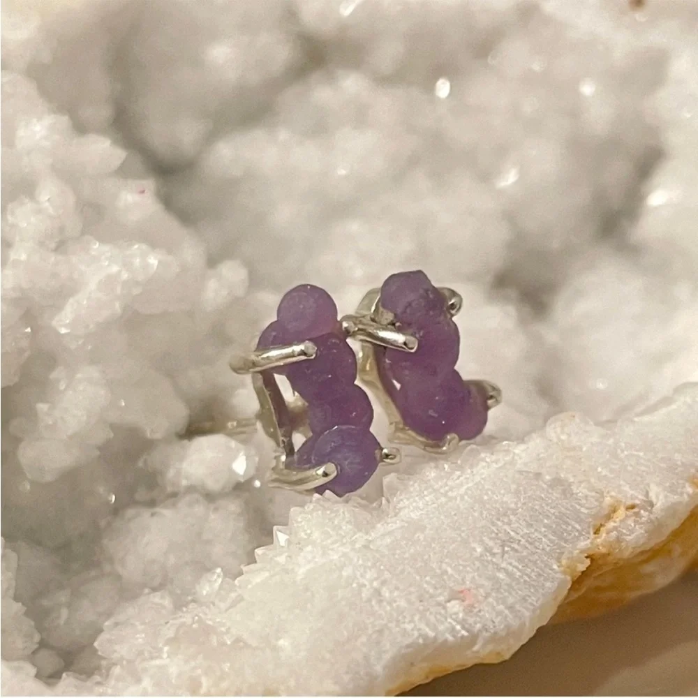 RARE Purple Grape Agate Chalcedony Sterling Silver Stud Earrings 925